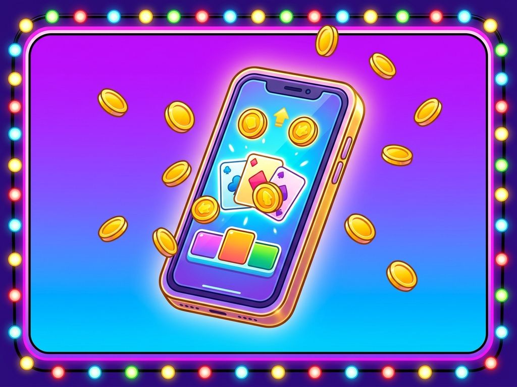 Smartphone showing casino games amid scattered gold coins